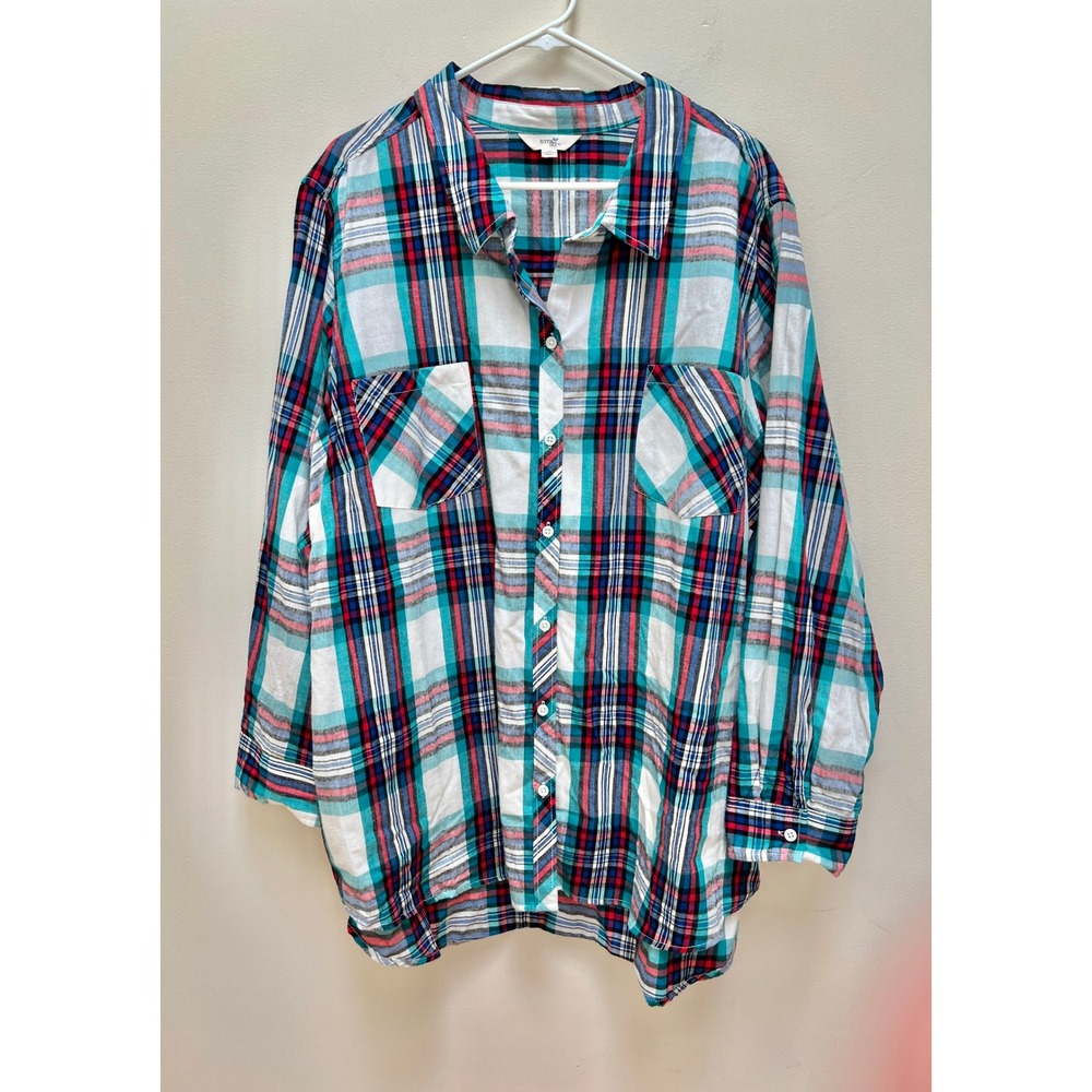 Terra & Sky Button up Shirt Women 4X Teal Plaid Long Sleeve Casual Pockets Cozy